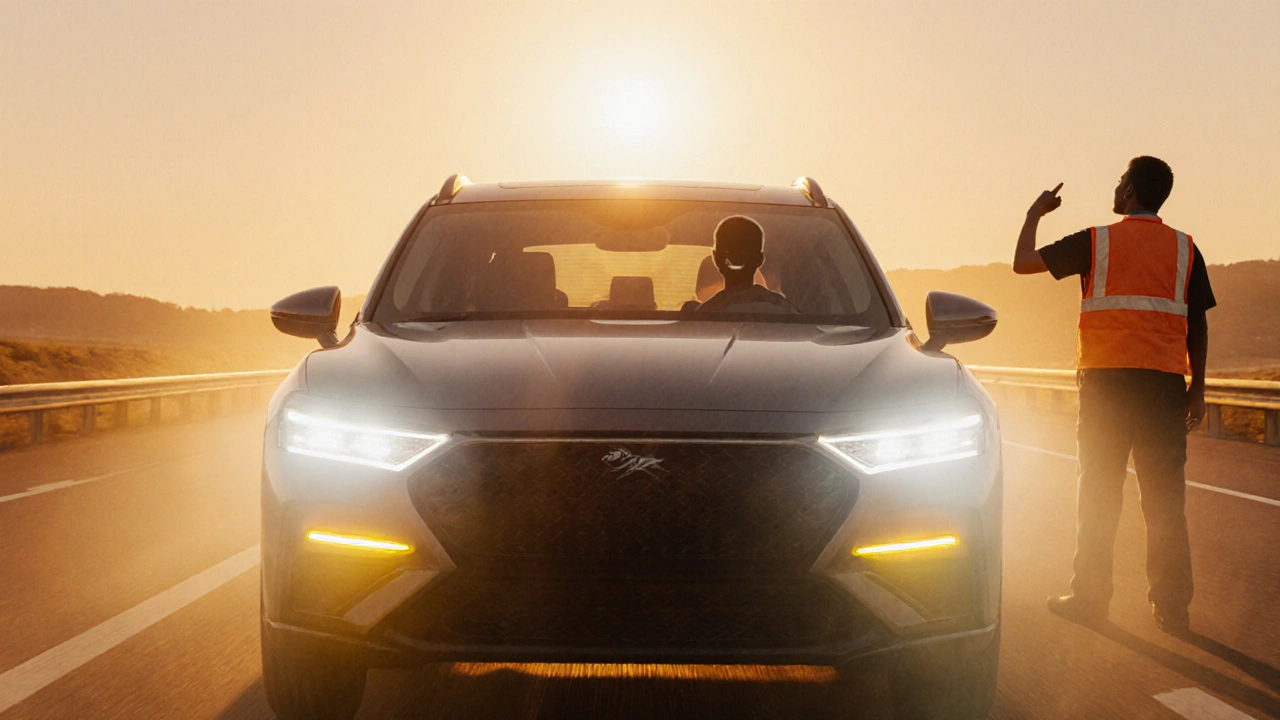 Автомобиль с белыми и желтыми фарами едет по рассветному шоссе, водитель рад.