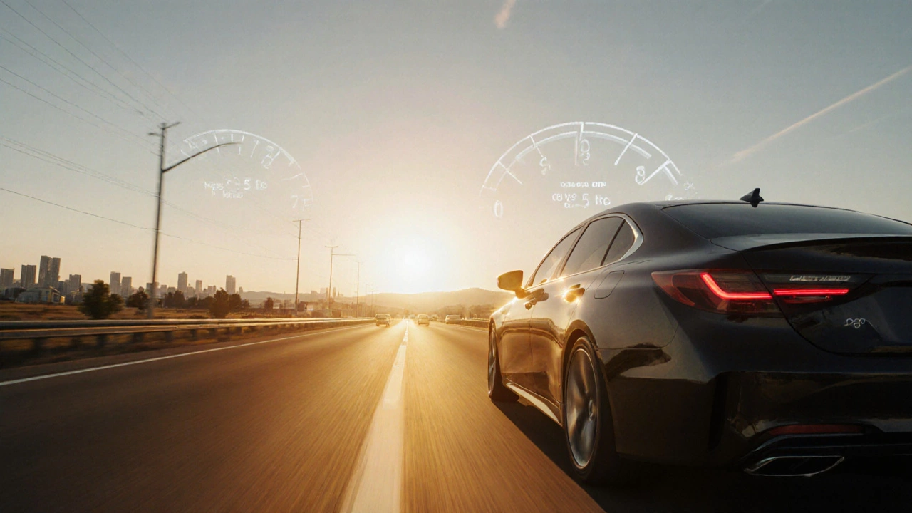 Автомобиль ускоряется на шоссе под восходящим солнцем, символизируя оптимальный режим работы двигателя.