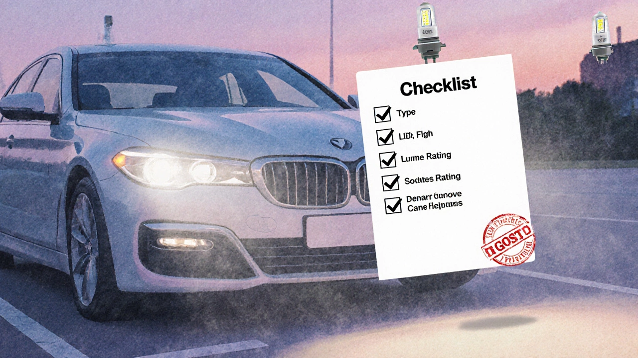 Иллюстрация автомобиля с проверочным списком выбора ламп и печатью «Одобрено».
