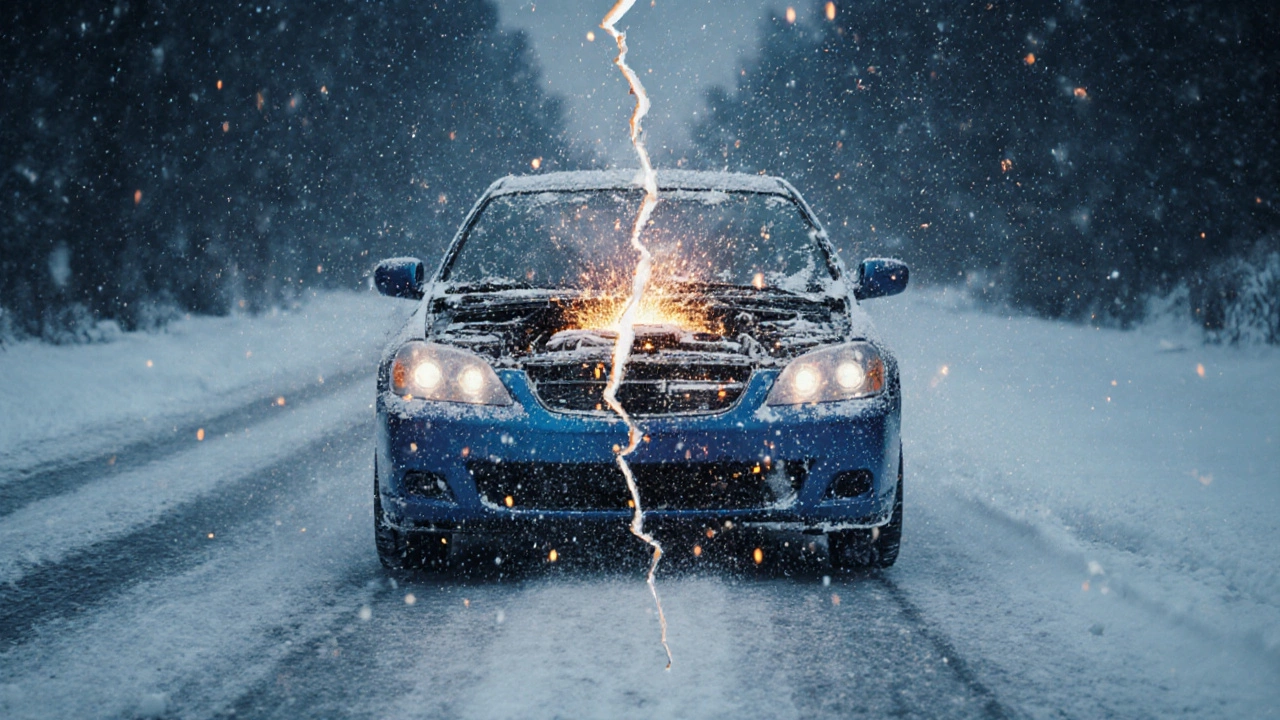 Машина на снегу с визуализацией разрыва ремня ГРМ как разрыва в воздухе над мотором.