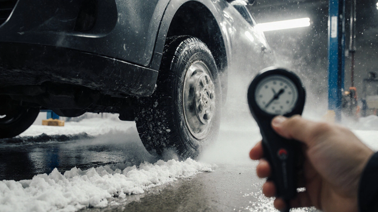 Механик проверяет глубину протектора зимней шины и проводит тест торможения на мокром покрытии в гараже.