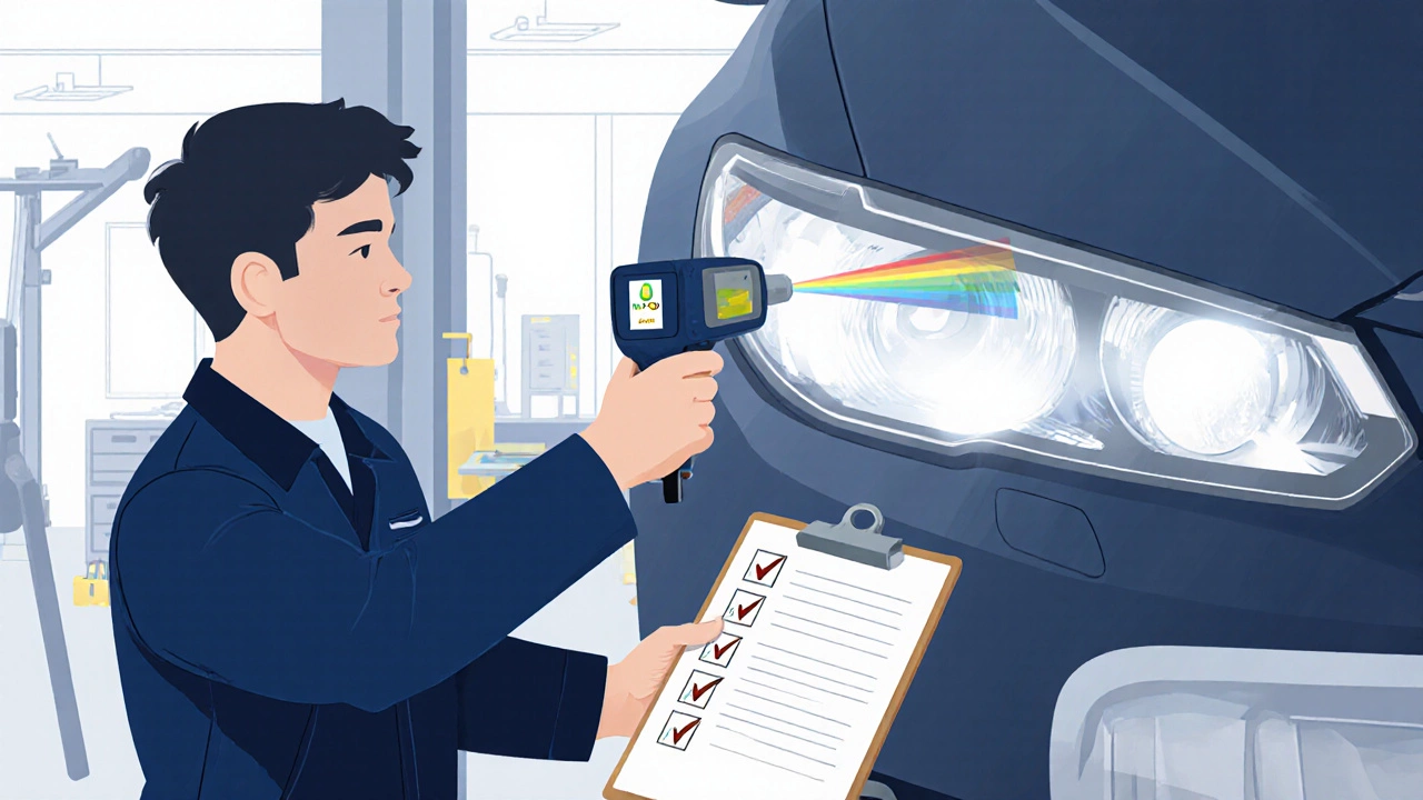 Механик проверяет спектр света автомобильных фар с помощью спектрометра в автосервисе.