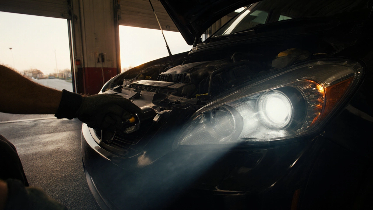 Механик заменяет фару H7 LED‑лампой, демонстрируя яркий световой луч на дороге.