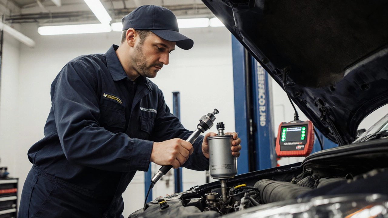 Механик затягивает фильтр и меняет прокладку в сервисном боксе.