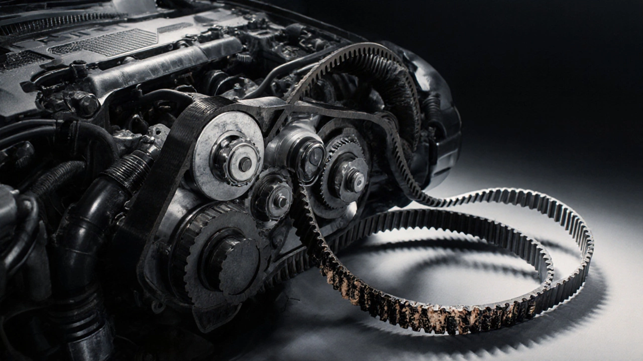 Новый и старый ремни ГРМ рядом с открытым двигателем, показывающие разницу в состоянии.