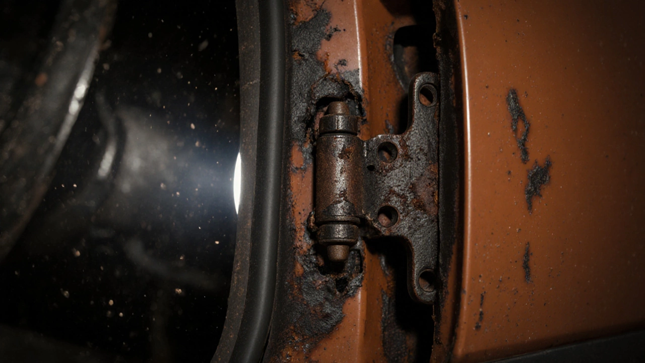 Повреждённая дверная петля и уплотнитель с плесенью и ржавчиной.