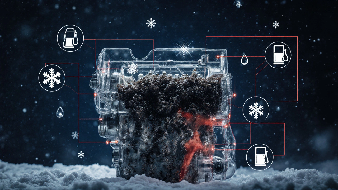 Прозрачный двигатель с загрязненным маслом, содержащим воду, сажу и металлическую стружку, в зимней среде.