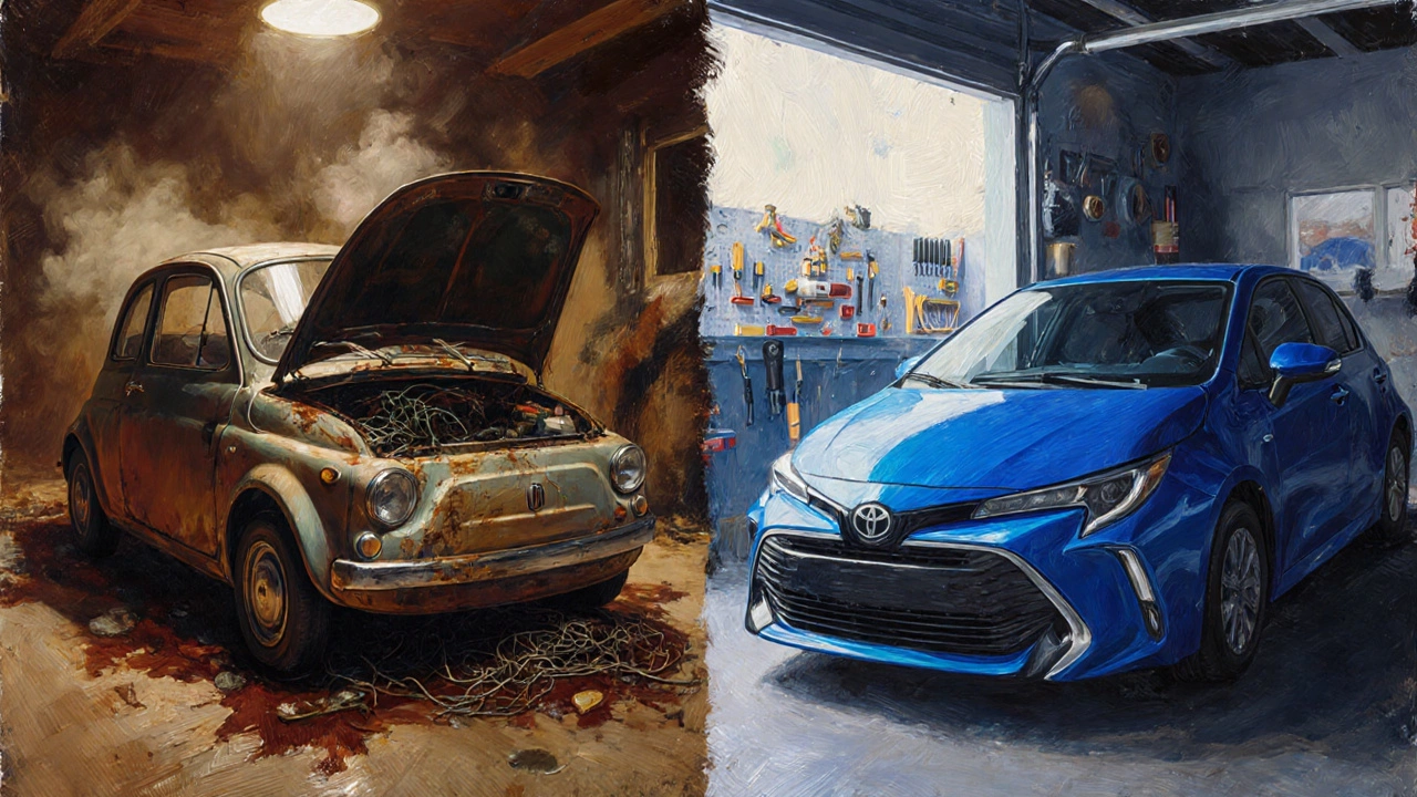 Разделённый гараж: слева изношенный Fiat 500, справа блестящий надёжный Toyota Corolla.