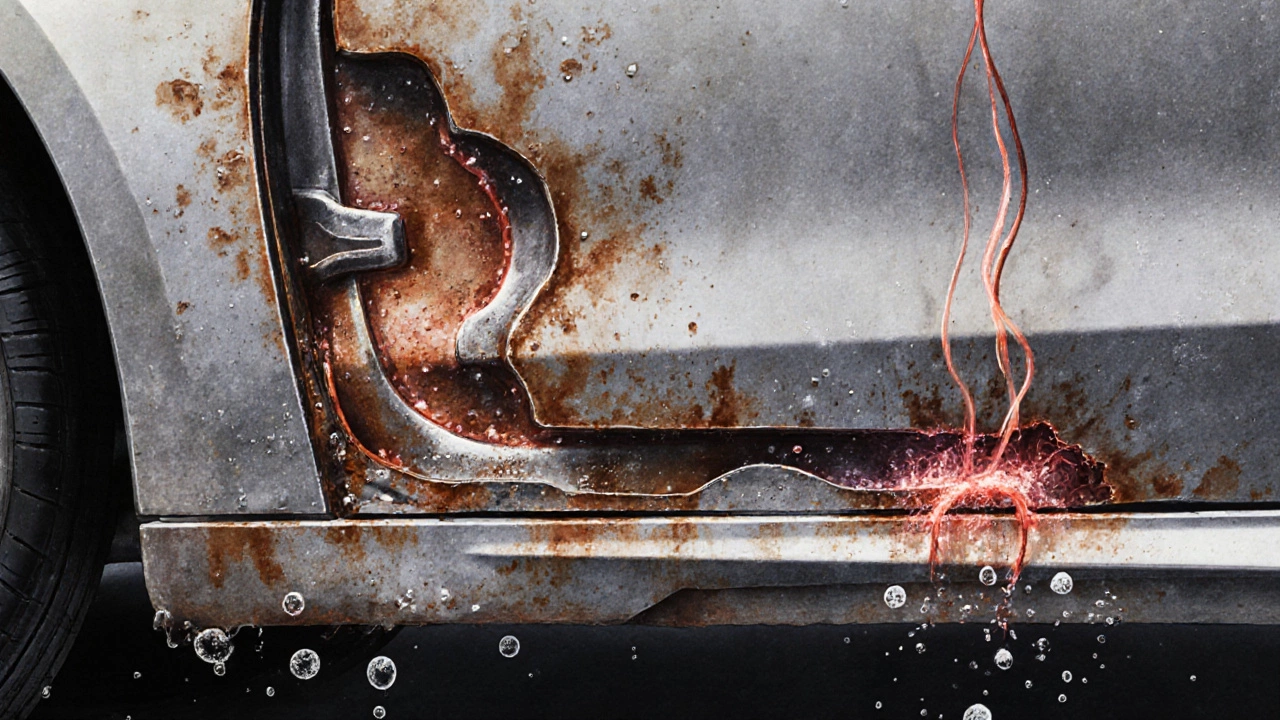Разрез кузова автомобиля, показывающий скрытую коррозию внутри металла.