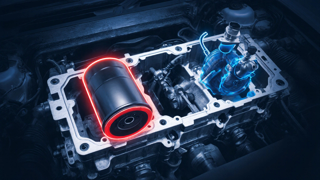 Срез двигателя, показывающий фильтр, насос и датчик давления масла.