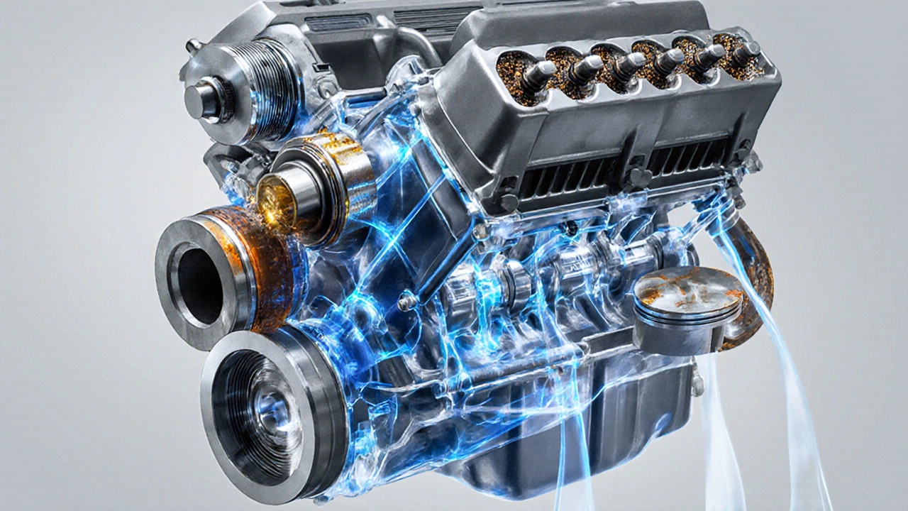 Срез двигателя при низких оборотах, показывающий медленный поток охлаждающей жидкости и отложения.