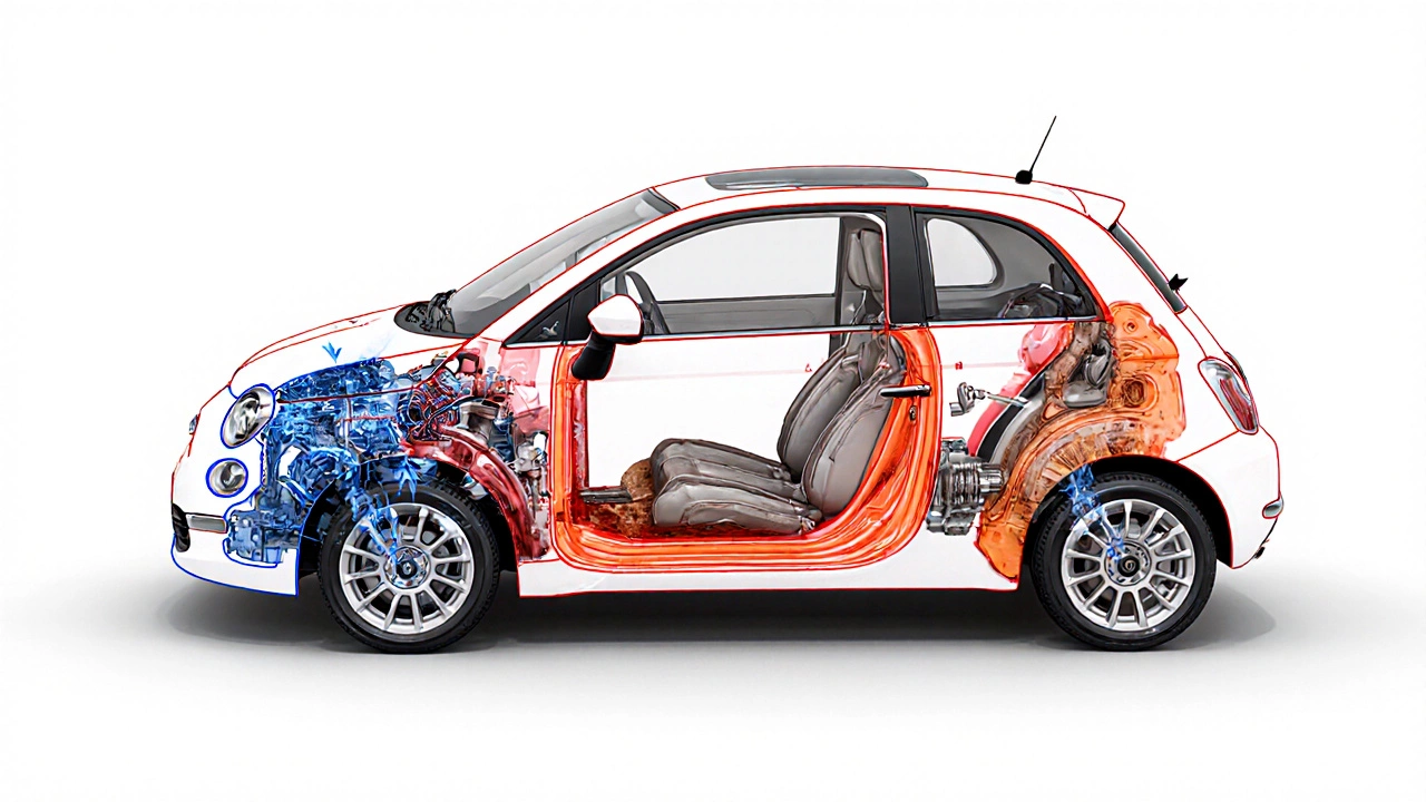 Техническая схема Fiat 500 с подсвеченными проблемными узлами электроники, трансмиссии и коррозии.