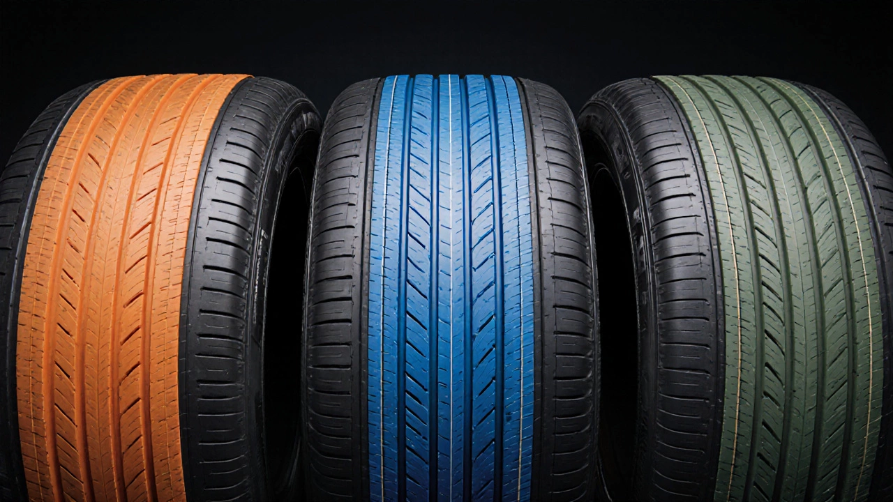 Три кросс‑секции шин: летняя с мелким протектором, зимняя с глубокими ламелями, всесезонная со средним протектором.