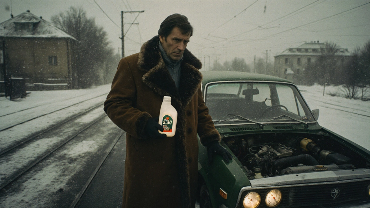 Водитель в зимней одежде смотрит на бутылку масла 5W-30, за ним — часы и одометр, снег за окном.