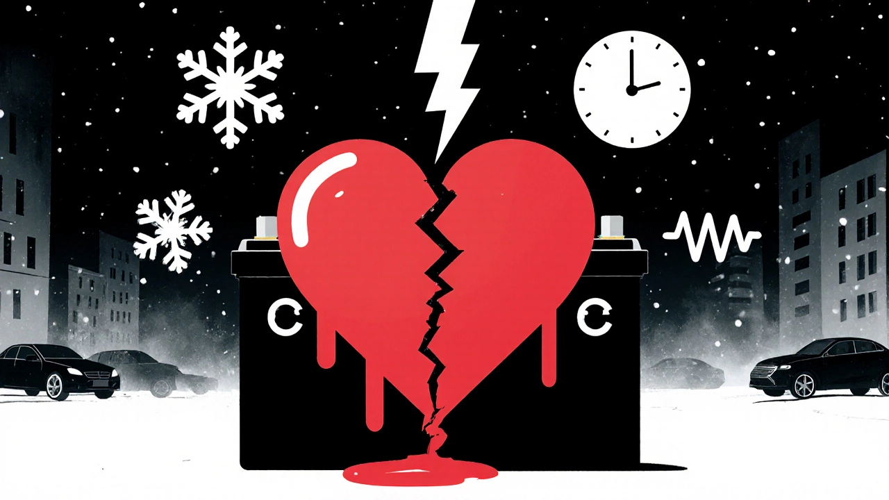 Аккумулятор как сердце с трещинами, вокруг — снежинки, молнии и часы, символизирующие его разрушение.