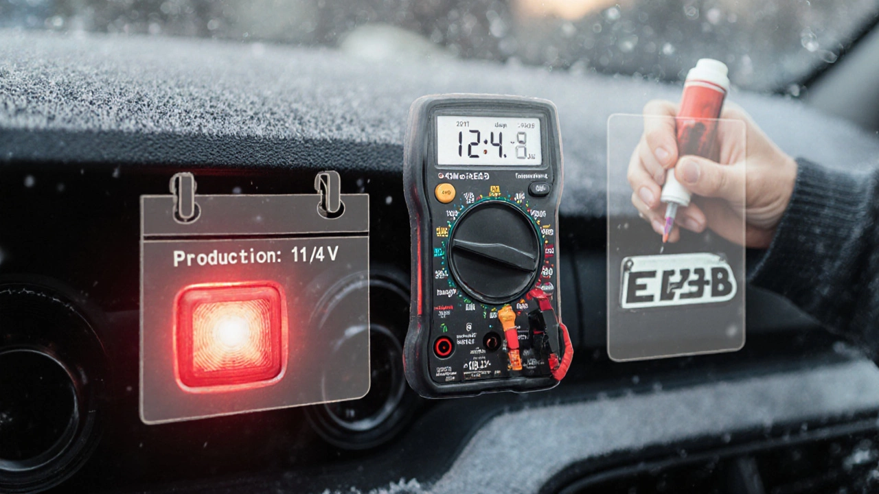 Автомобильная панель с предупреждающей лампой и индикаторами состояния аккумулятора.