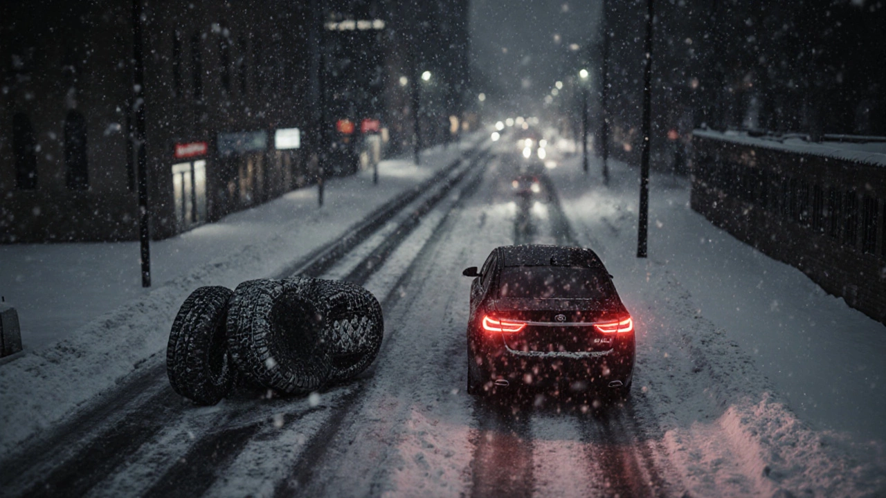 Автомобили на заснеженной дороге: одни скользят, другие безопасно тормозят.