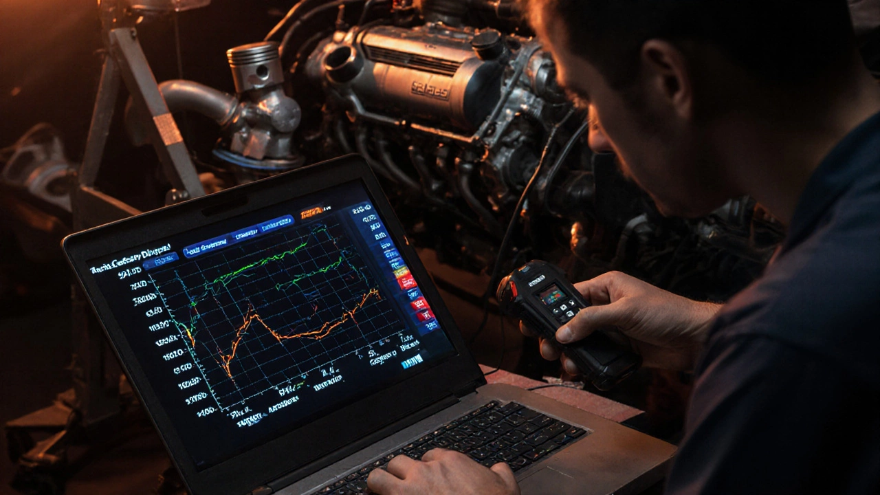 Механик настраивает двигатель через ноутбук, на экране которого отображаются данные тюнинга.
