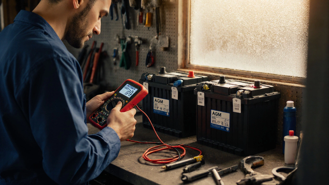 Механик проверяет автомобильный аккумулятор мультиметром в гараже, рядом на полке — три типа батарей.