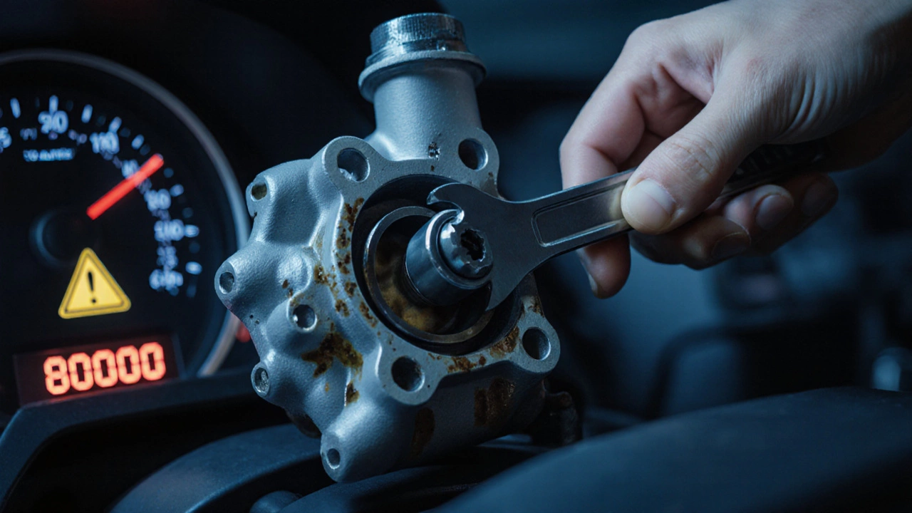 Механик проверяет люфт водяного насоса, на заднем плане — цифры пробега и индикатор неисправности.