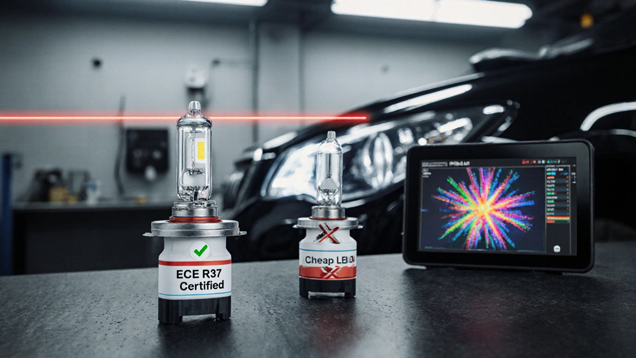 Механик регулирует фары на стенде, рядом — сертифицированные и дешёвые светодиодные лампы с отметками ECE R37 и X.