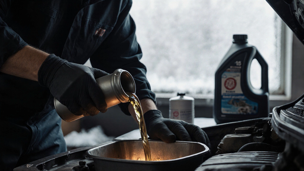 Механик сливает старое масло из двигателя в гараже зимой в Казани