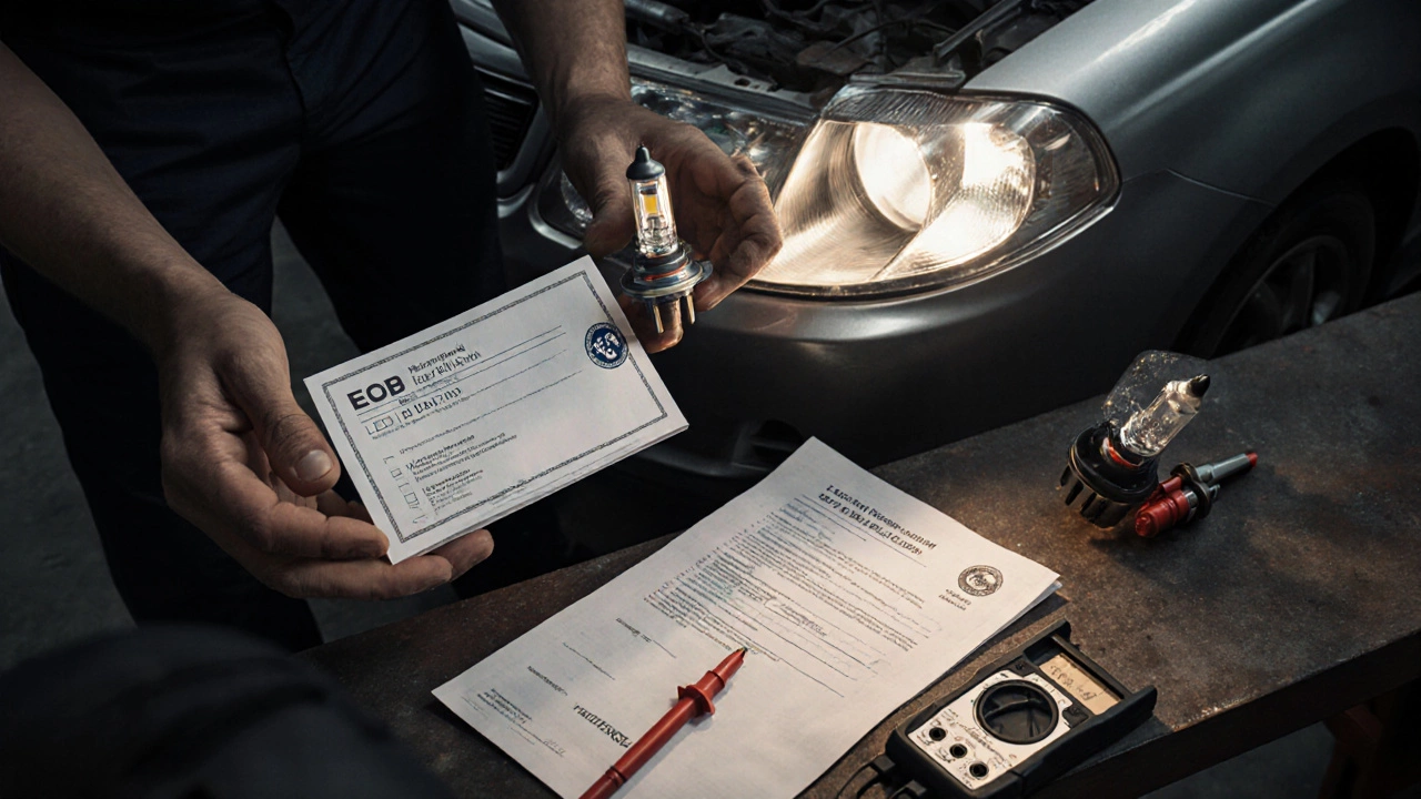 Механик заменяет светодиодные лампы на штатные галогеновые в фаре автомобиля с сертификатом ECE R37.