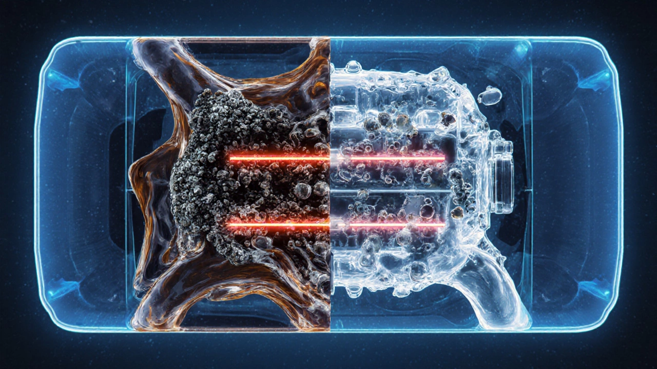 Прозрачный двигатель с перемешивающимися потоками грязного и чистого масла, образующими шлам