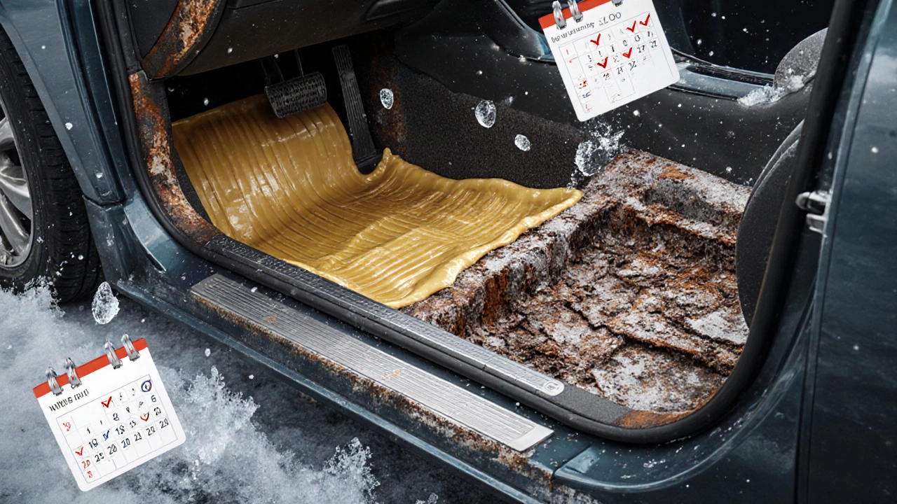 Разрез автомобиля: здоровый металл с антикором против разрушающейся ржавчины.