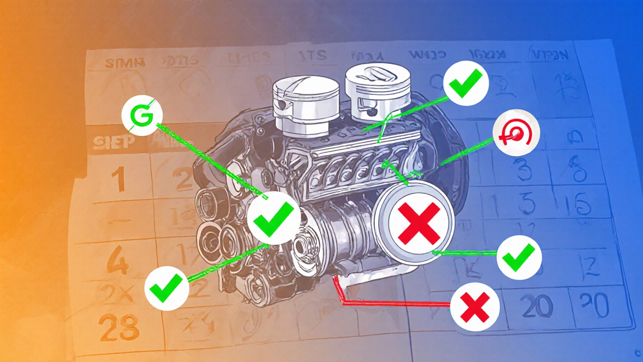 Разрез двигателя с пометками: зелёные галочки — уход, красные крестики — пренебрежение, календарь с годами.