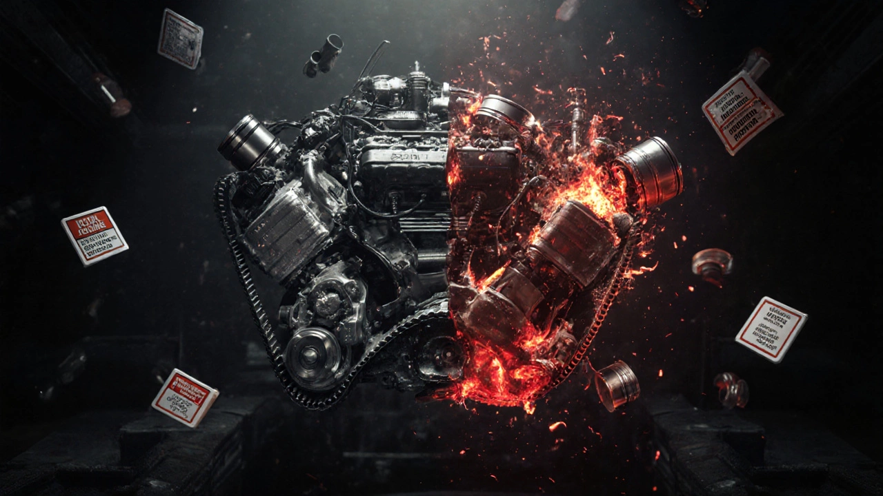 Разрез двигателя: слева — исправный ремень, справа — разрушенные клапаны после обрыва.