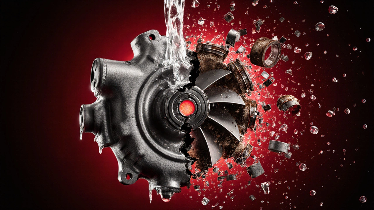 Разрушающийся насос охлаждения с выброшенными лопастями и разлившейся охлаждающей жидкостью.