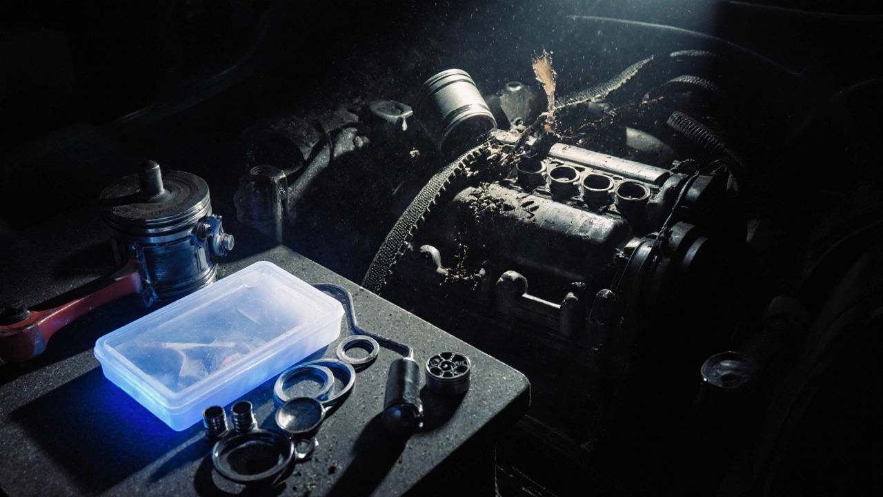 Разрушенный двигатель после обрыва ремня ГРМ: погнутые клапаны и повреждённые поршни, рядом — новый комплект запчастей.