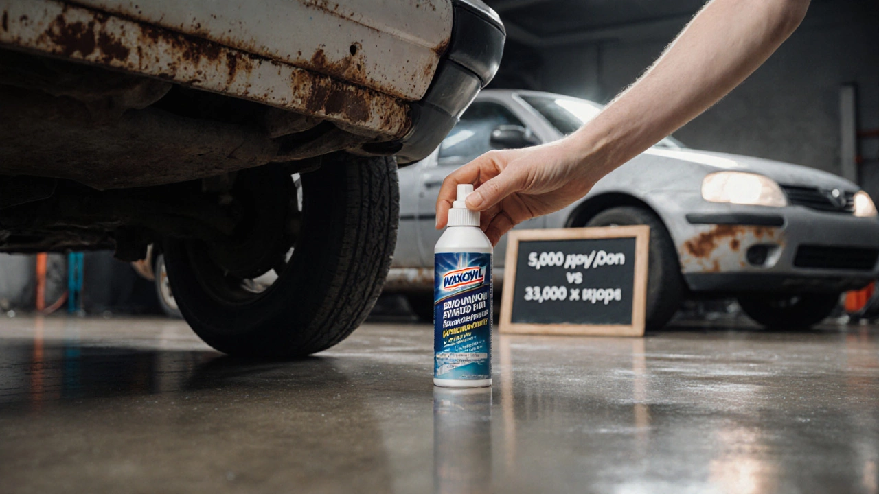 Рука наносит антикоррозийное средство на чистое днище старого ВАЗа, рядом — ржавый Renault Logan.