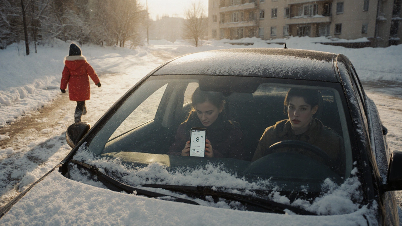 Семья в машине с всепогодными шинами на заснеженной улице Казани, за окном -18°C, ребенок идет к машине.