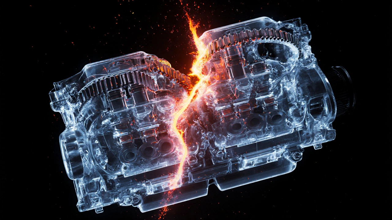 Схематичное изображение разрыва ремня ГРМ и повреждения клапанов внутри двигателя