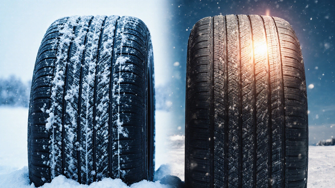 Сравнение шин: слева — с маркировкой M S, справа — с зимним знаком 3PMSF.