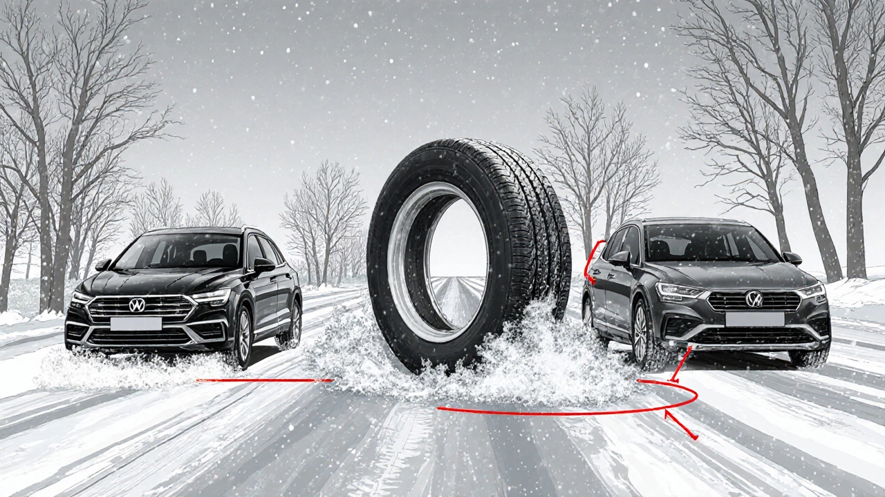 Сравнение тормозного пути: зимняя шина останавливается быстрее на льду, всепогодные шины скользят дальше.