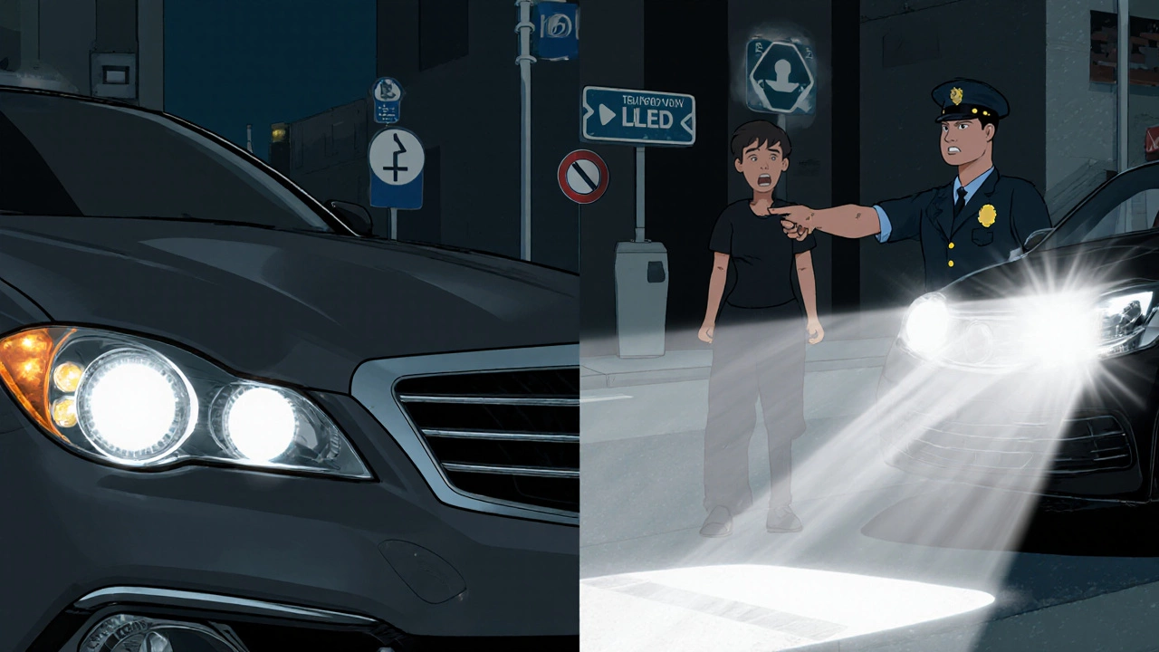 Сравнение заводской светодиодной фары и нелегальной замены с инспектором ГИБДД.