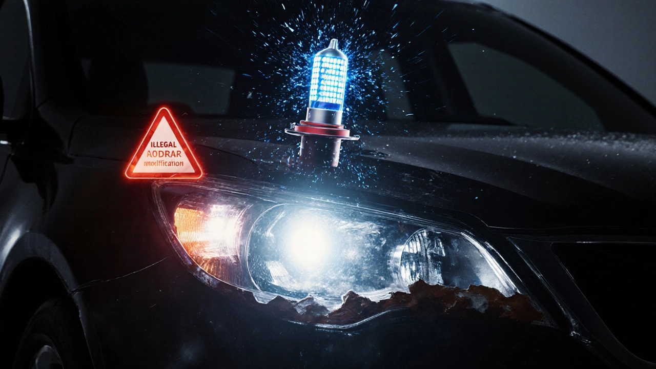 Светодиодная лампа в галогенной фаре, испускающая ослепляющий хаотичный свет.