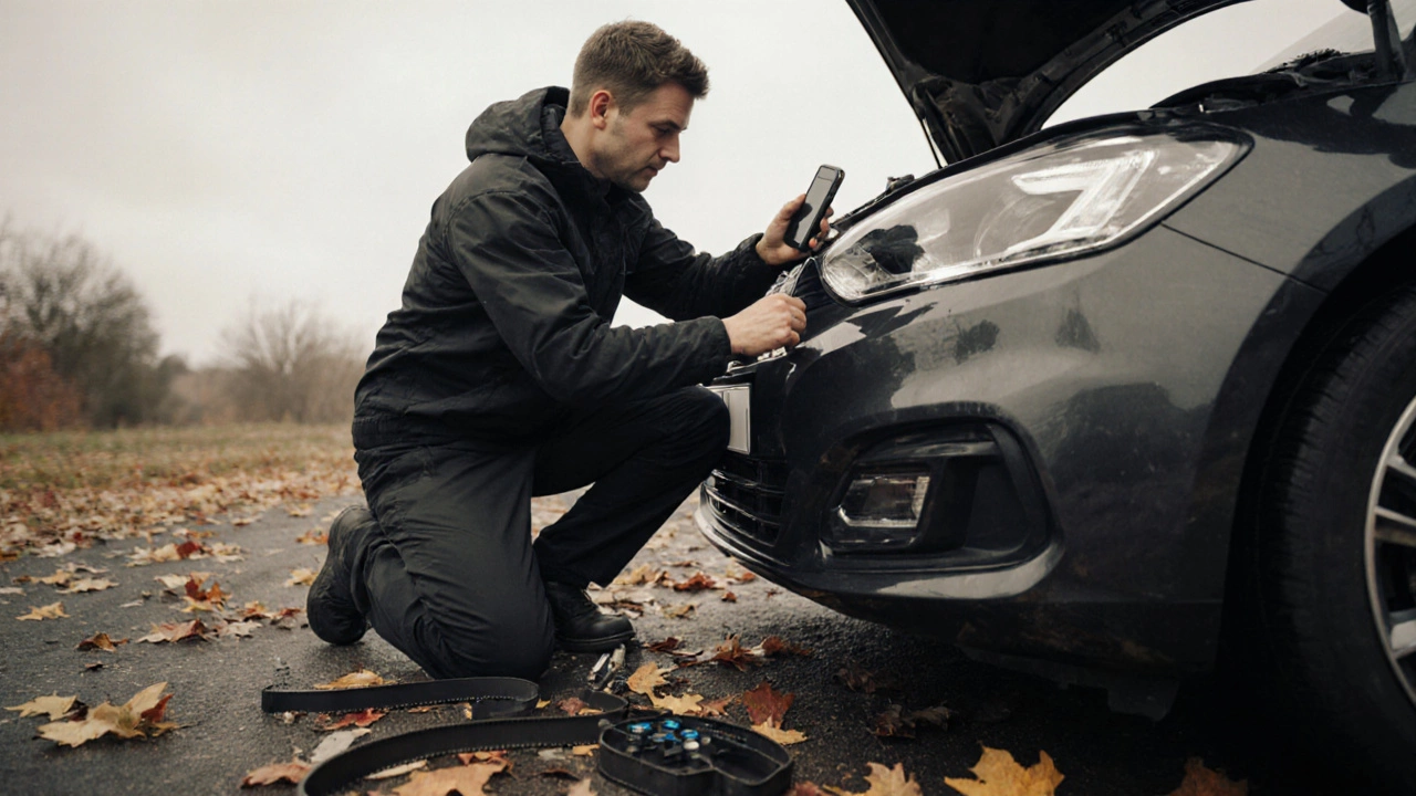 Водитель фотографирует ремень ГРМ через доступное окно при осмотре двигателя