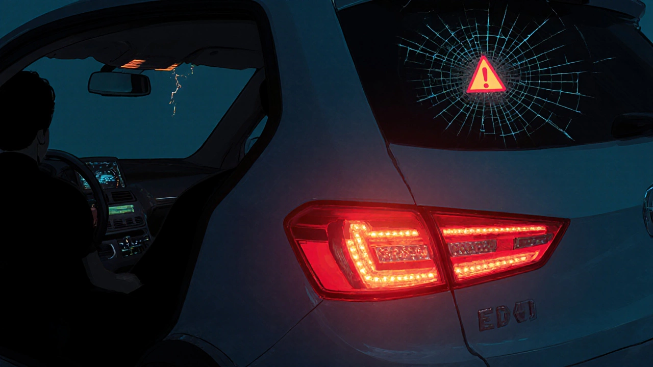 Задние фонари автомобиля с мигающими светодиодами и мигающим индикатором на приборной панели.