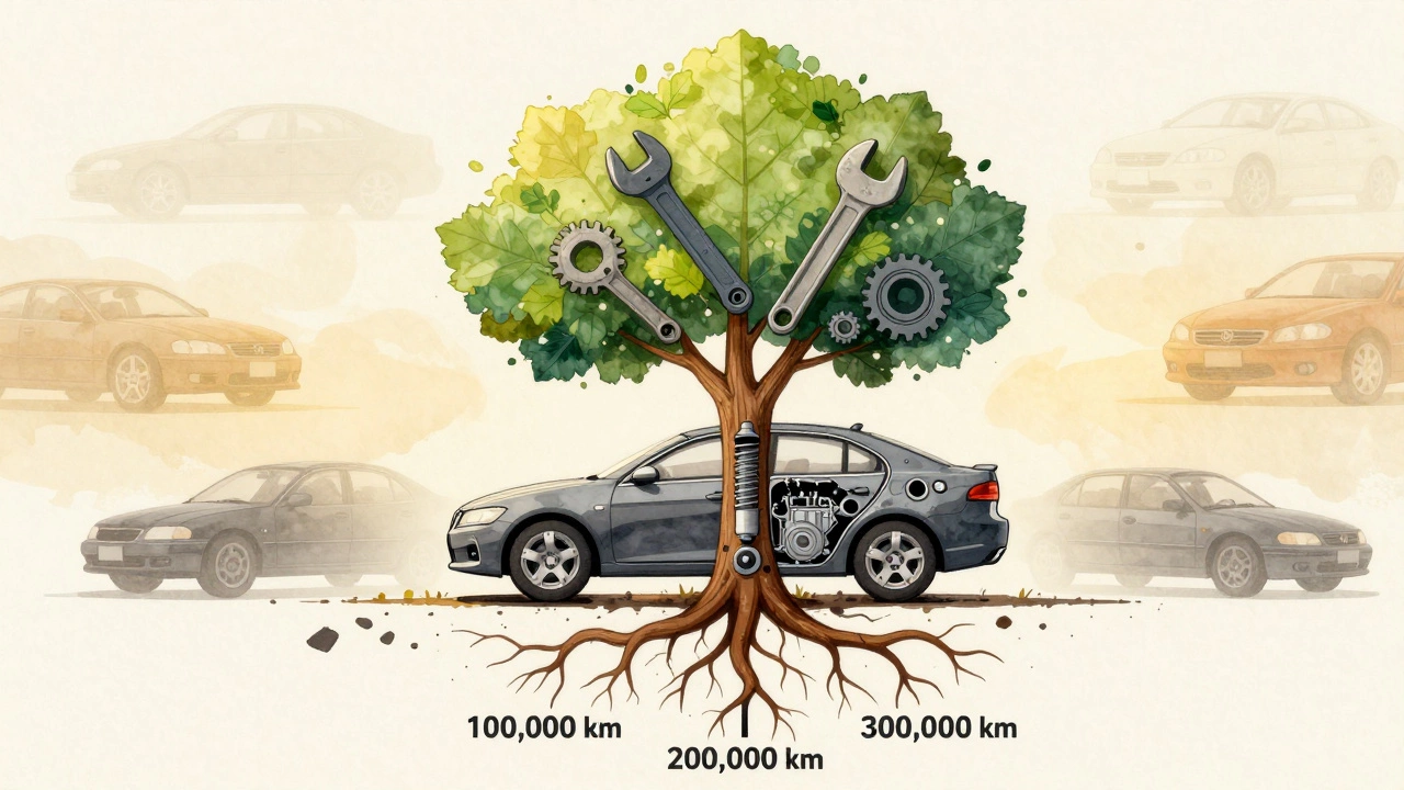 Автомобиль как дерево с корнями из деталей, растущее через годы эксплуатации, с листьями-инструментами на фоне увядающих машин.