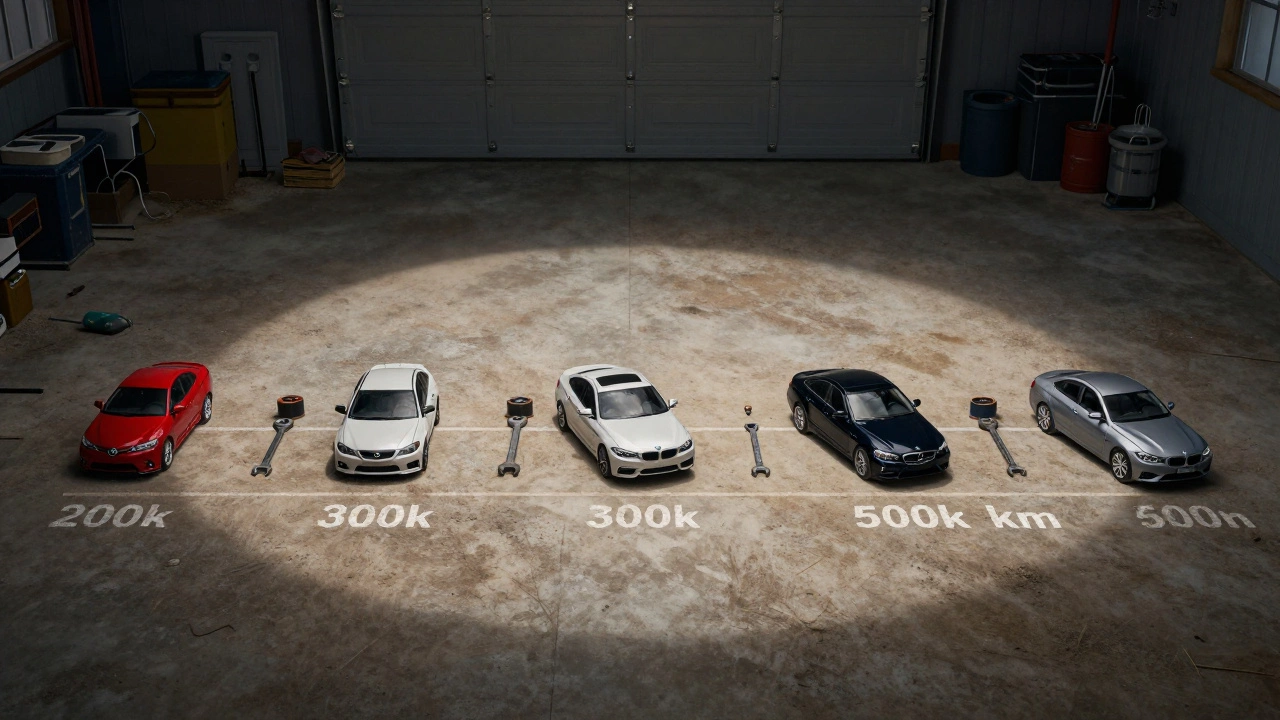 Дорожка с километражом до 500 000 км, у каждой метки — машина и инструменты.