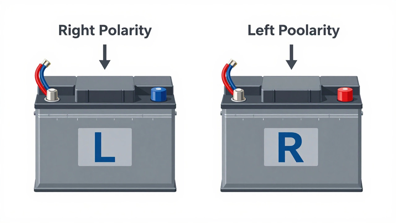 Две батареи рядом: одна с R, другая с L, показаны положения клемм стрелками, технический чертёж.