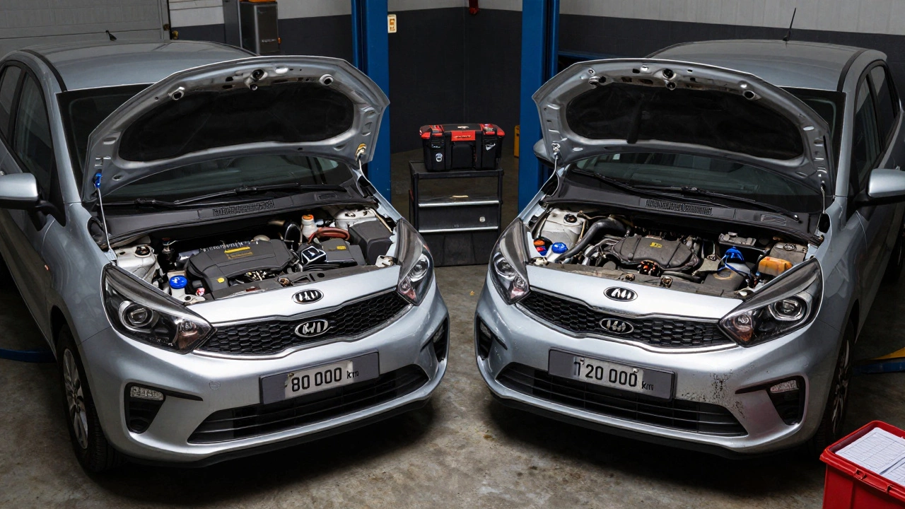 Две одинаковые машины: одна с высоким пробегом и чистым двигателем, другая с низким пробегом и грязными узлами.