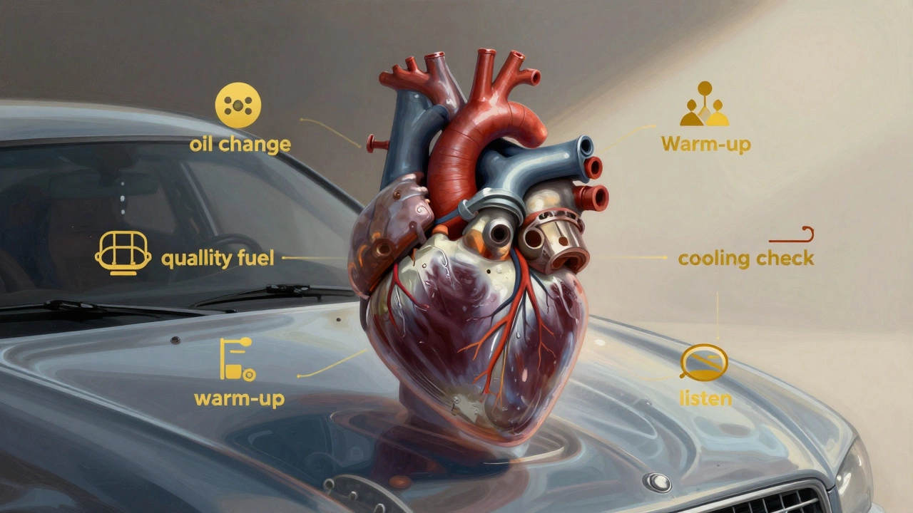 Двигатель в виде человеческого сердца, окруженный пятью правилами продления срока службы.