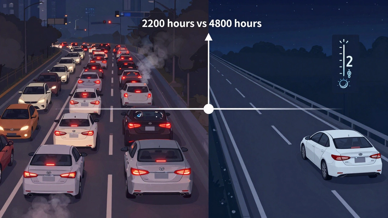 Контраст сцен: пробки с перегревом и трасса с ровной ездой, показывающие разницу в сроке службы двигателя.