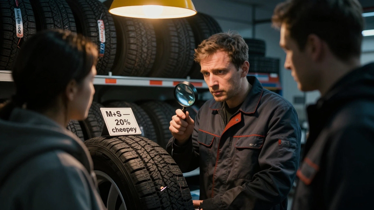 Механик показывает покупателю символ 3PMSF на зимней шине в автосервисе.