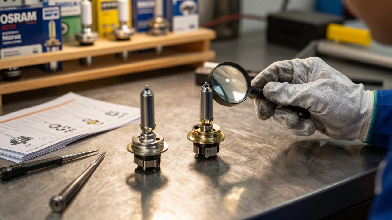Механик с увеличительным стеклом осматривает цоколи ламп H4 и H7 на рабочем столе.